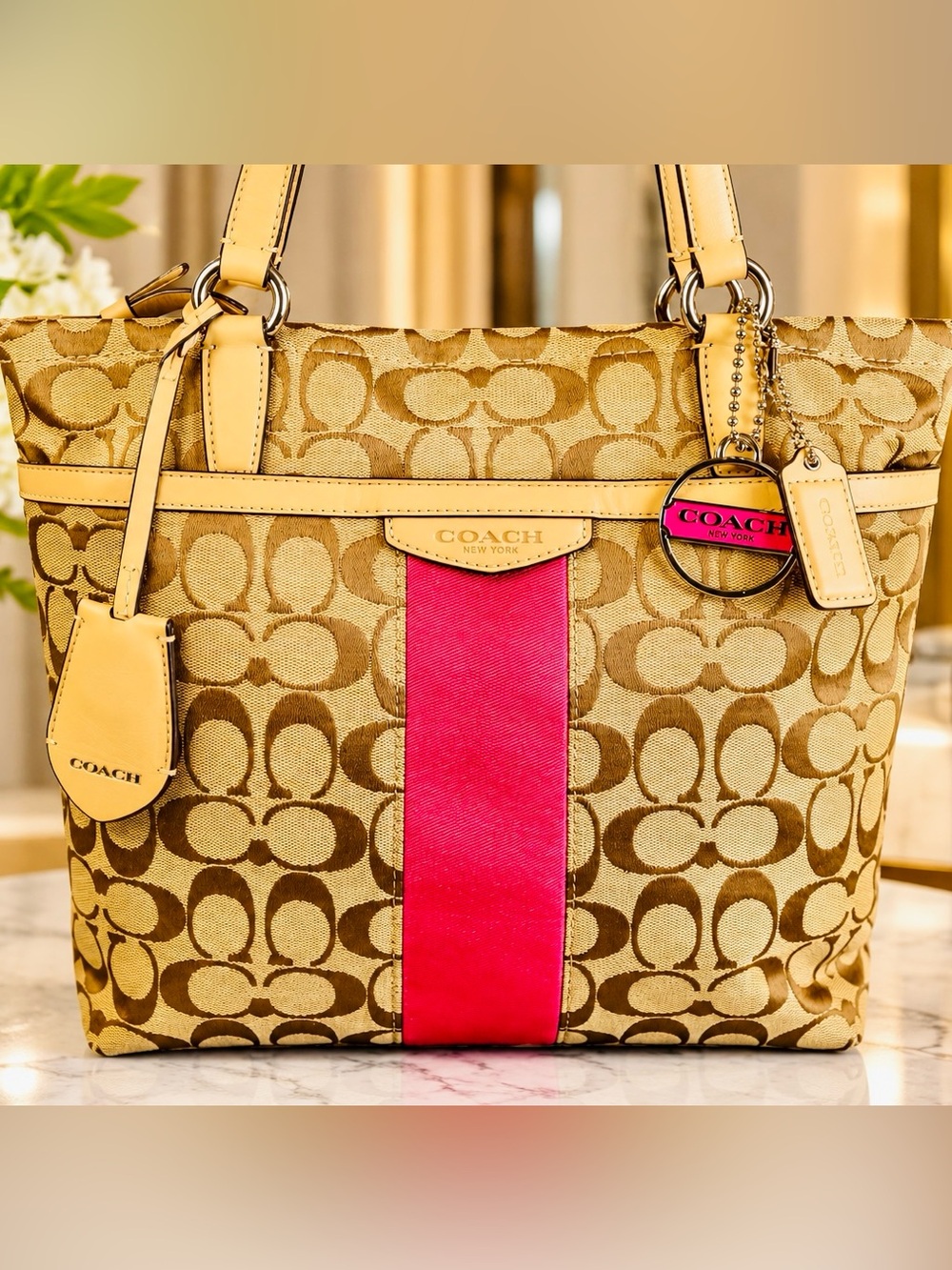 Coach Signature C Tote Bag Khaki Pink Stripe Leather Trim F28504